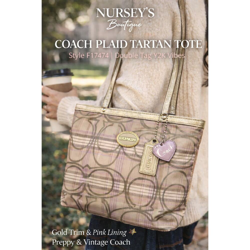 Coach Plaid Tartan Tote F17474 Gold Trim Pink Lining Double Tag Y2K